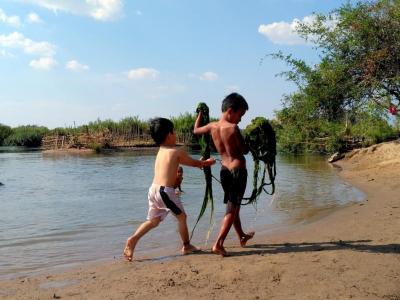 Des enfants s'amusent avec les algues ... on a fait pareil